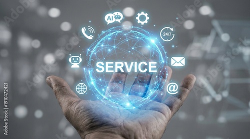 Business professional holding glowing service concept globe with digital icons for customer support and technology innovation