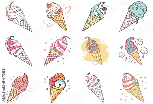Set of twelve handdrawn ice cream cones with different flavors and toppings, sketch style illustration