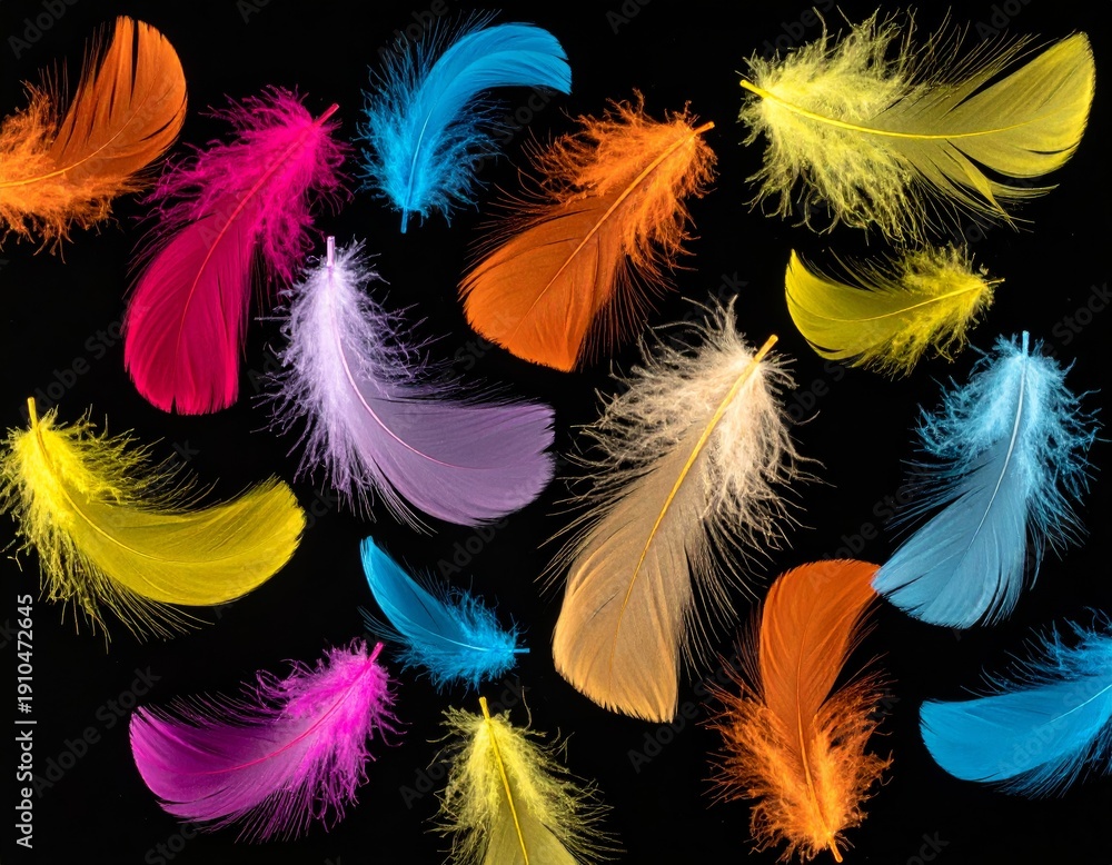 Obraz premium A close-up macro image of beautiful and colorful bird feathers, with a blue background