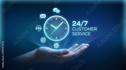 24/7 Customer Service Support Concept with Clock and Digital Icons on Blue Background in Hand