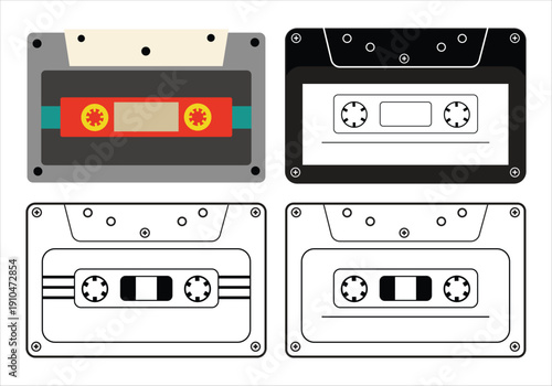 Set of four cassette tapes, including color, black and white outline, and line art versions, representing audio recording and music storage technology