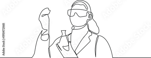A scientist in a lab coat examining a test tube with a magnifying glass. Vector