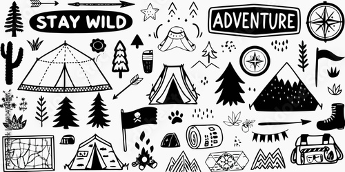 Black and white illustration of camping and adventure themed doodles