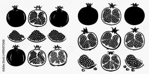 Set of black and white pomegranate silhouettes, whole and cut fruits with seeds, vector illustration.