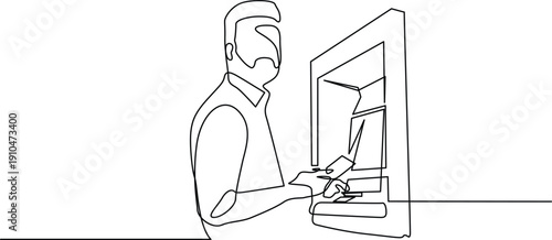 A person wearing a mask and a cap is using a touch screen device. Vector