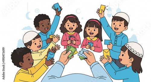 Diverse group of happy children in traditional attire sharing colorful gifts with adult hands festive atmosphere