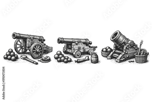 Vintage artillery engraving set, antique cannon and mortar sketches in woodcut style