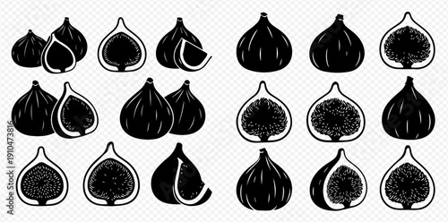 Set of black and white fig illustrations, whole and cut, showcasing healthy fruit designs.