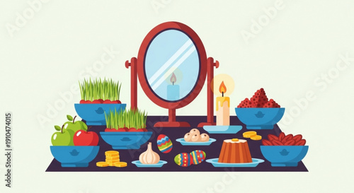 Traditional nowruz table setting with mirror candle and symbolic foods celebrating spring equinox