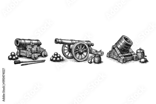 Vintage artillery engraving set, antique cannon and mortar sketches in woodcut style