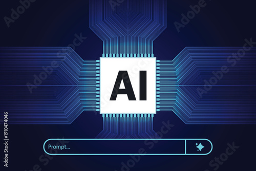 AI chip interface concept with prompt search bar and futuristic digital circuit background. Vector illustration abstract futuristic hitech style. Computing processor board chip wallpaper.
