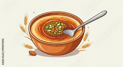 Delicious bowl of soup with spoon and chopped herbs on top surrounded by wheat grains on a plain background