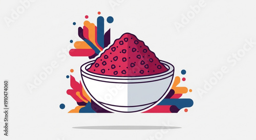 Vibrant illustration of a white bowl overflowing with juicy dark red berries on a colorful abstract background