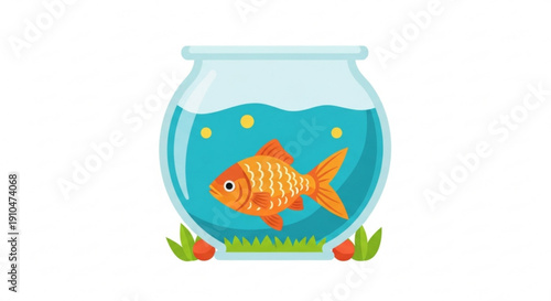 Vibrant orange goldfish swimming in clear fishbowl with blue water green grass and red plants on white background