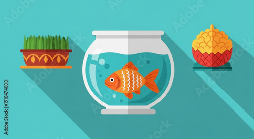 Vibrant still life with fishbowl plant and cupcake on turquoise background with shadows