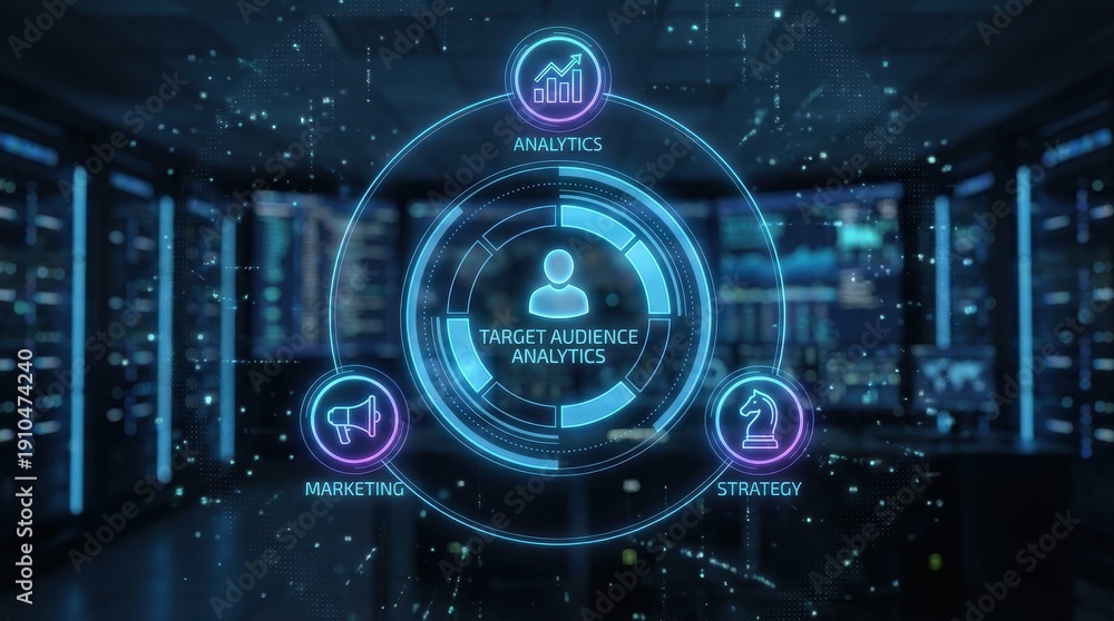Fototapeta premium Target audience analytics marketing strategy holographic digital data network dashboard technology futuristic holographic target audience analysis business insight diagram interface screen glow