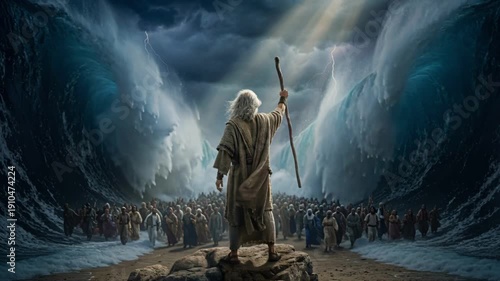Biblical scene of Moses parting the Red Sea with staff. Prophet standing on rock commanding giant ocean waves while people cross on dry land. Religious miracle and exodus concept