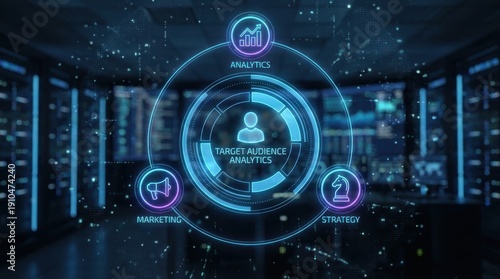 Target audience analytics marketing strategy holographic digital data network dashboard technology futuristic holographic target audience analysis business insight diagram interface screen glow
