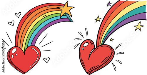 Set of two handdrawn rainbow hearts with stars and sparkles, doodle style illustration
