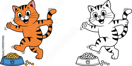 Happy Cartoon Cat Dancing Around a Full Food Bowl Pet Feeding Time Illustration