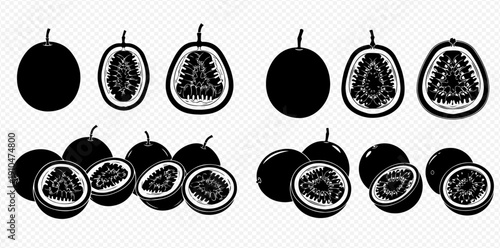 Set of fresh passion fruit silhouettes, whole and cut in half, showcasing tropical fruit details.
