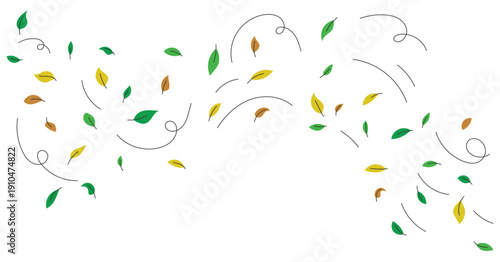 Wind flow, flying green leaves with wind illustration