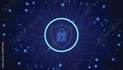 Cyber security technology background with digital lock icon and glowing circuit network. Vector illustration technology cyber security