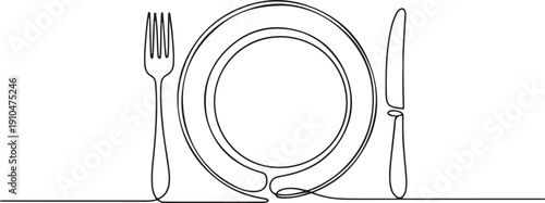 Continuous One Line Drawing of Cutlery and Plate
