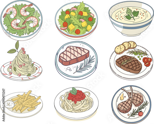 Collection of nine different dishes and meals including salads, pasta, steak, soup, and french fries, handdrawn style