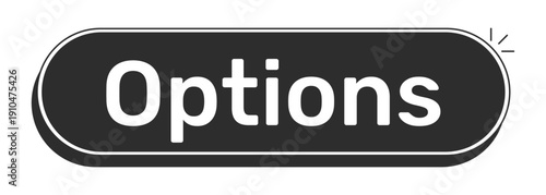 Options rounded modern black UI element. Customizable settings. Adjust preferences. Configuration tool. User controls. Monochrome clickable button. Flat web CTA with white bold text. Rubik font used