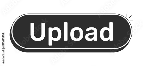 Upload rounded modern black UI element. Submit file. Send content. User sharing. Document, media transfer tool. Monochrome clickable button. Flat web CTA with white bold text. Rubik font used