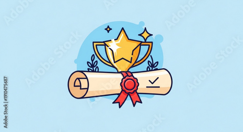 Award certificate with golden trophy and star on scroll symbolizing achievement and success in a celebratory context