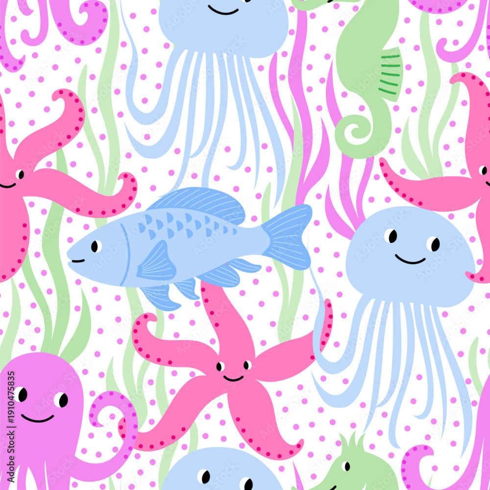 Fototapeta premium Vector seamless pattern with cute sea creatures