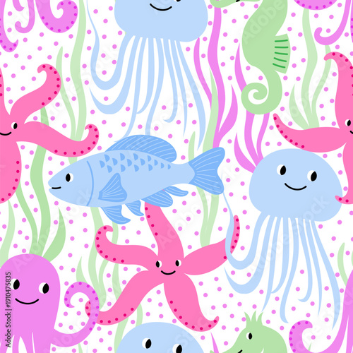 Vector seamless pattern with cute sea creatures