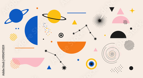 Abstract Cosmic Elements and Celestial Bodies in Modern Geometric Style.