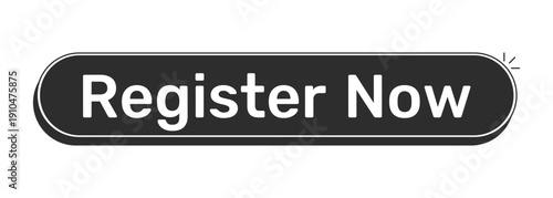 Register now rounded modern black UI element. User registration open. Enrollment sign up. Quick event signup. Monochrome clickable button. Flat web CTA with white bold text. Rubik font used
