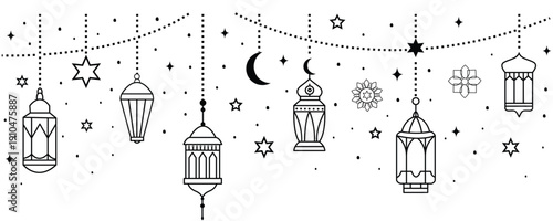 Ramadan or eid mubarak hanging lanterns, stars, and crescent moon line art decoration banner