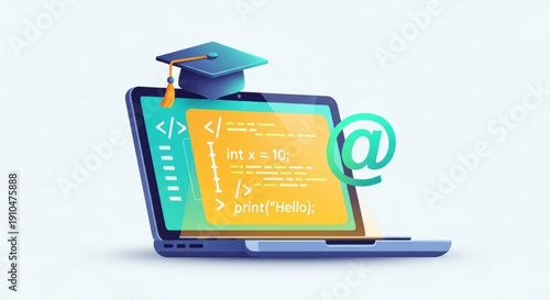 Online education concept with laptop graduation cap and coding symbols on screen representing e learning and digital literacy