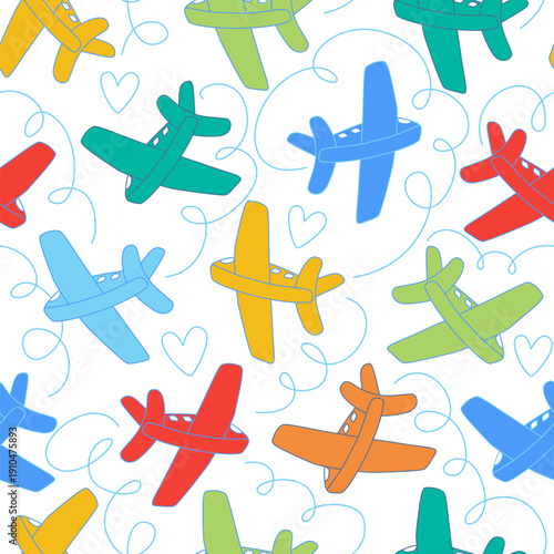 Vector seamless pattern with airplanes in the sky, design for kids