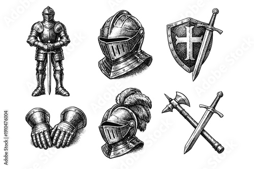 Medieval knight engraving set, vintage heraldry and chivalry sketches in woodcut style