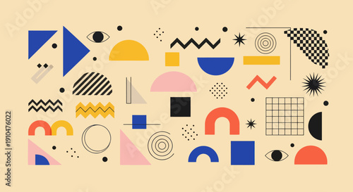 Abstract geometric shapes and patterns in a vibrant and playful composition.