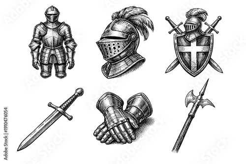 Medieval knight engraving set, vintage heraldry and chivalry sketches in woodcut style