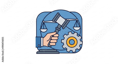 Justice system concept with hand holding gavel scales of justice and gear on blue background symbolizing law and technology