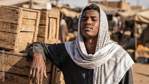 A thoughtful young sudanese man with a traditional headdress leans against wooden crates in a bustling market, surrounded by vendors and vibrant stalls under a clear, sunny sky