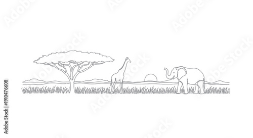 African savanna landscape with elephant and giraffe under acacia tree.