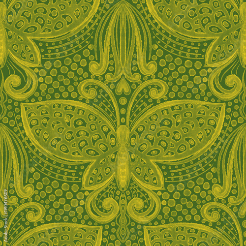 Seamless watercolor pattern with butterflies and flowers, symmetrical ornament