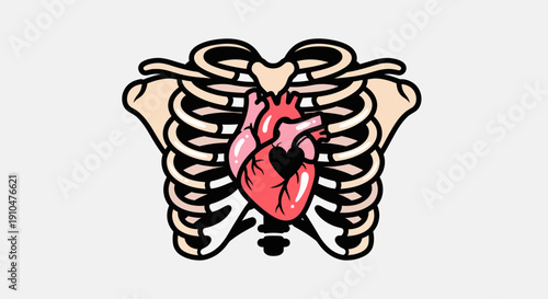 Anatomical Heart Inside Rib Cage Illustration.