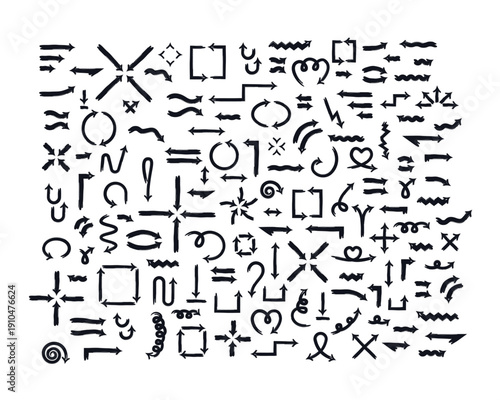 Versatile bold thick stroke arrow set. Expressive doodle marker pointers isolated for highlighting and guiding. Editable grunge drawn design elements. Directional rough freehand cliparts collection