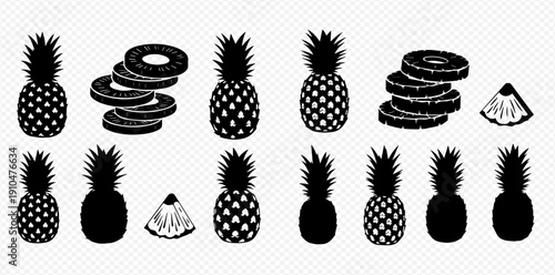 Set of black pineapple silhouettes, whole and sliced, on a transparent background, perfect for tropical designs and healthy food concepts.