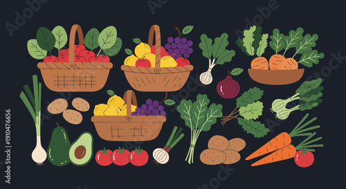 Abundant Harvest of Fresh Fruits and Vegetables in Woven Baskets.